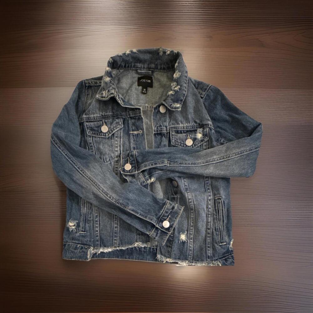 Joe's Distressed Blue kids Jacket Collared Pockets Button Short Long Sleeve M - Picture 1 of 8
